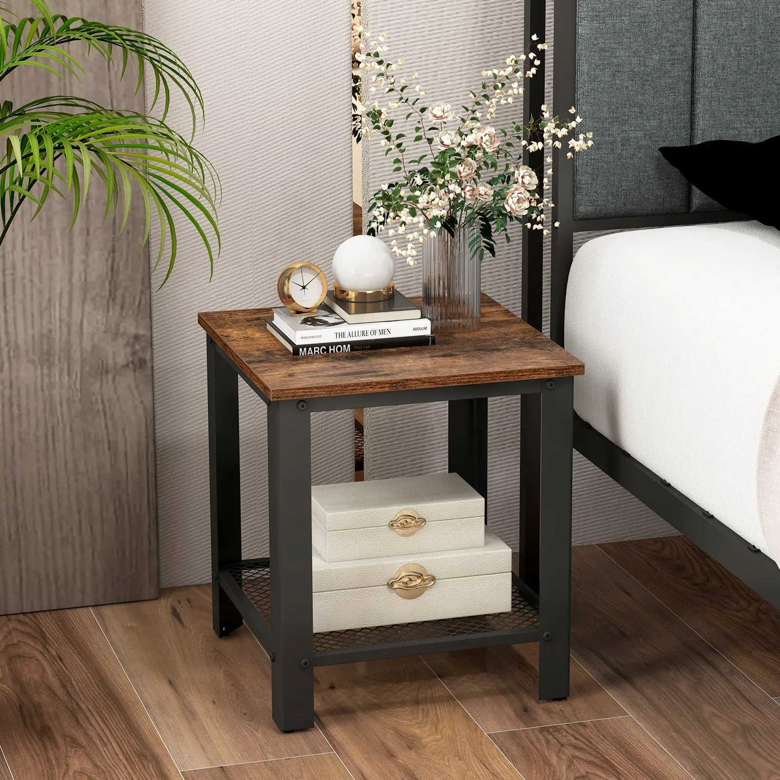 2-Tier End Table Square Sofa Side Table with Mesh Shelf-Rustic Brown