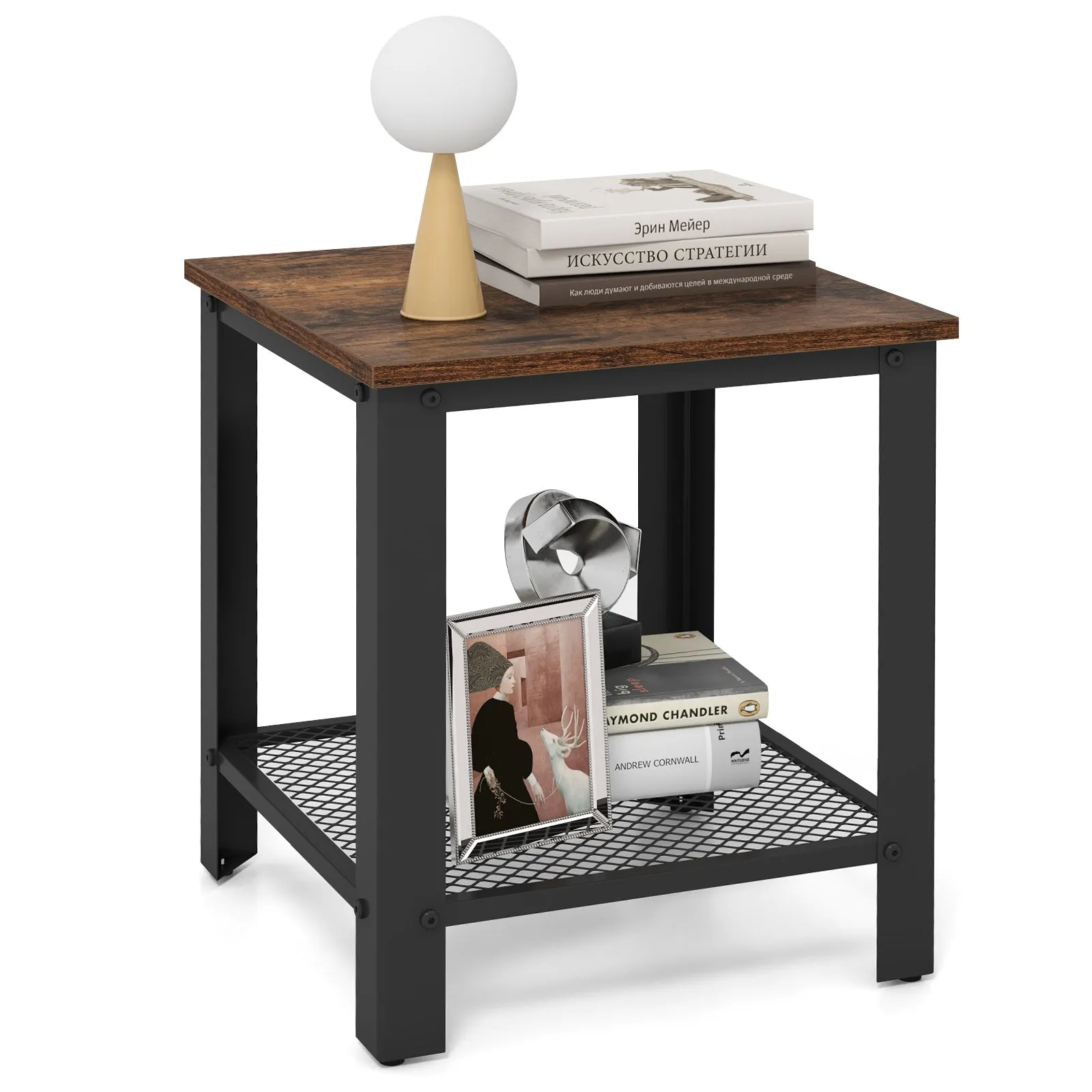2-Tier End Table Square Sofa Side Table with Mesh Shelf-Rustic Brown