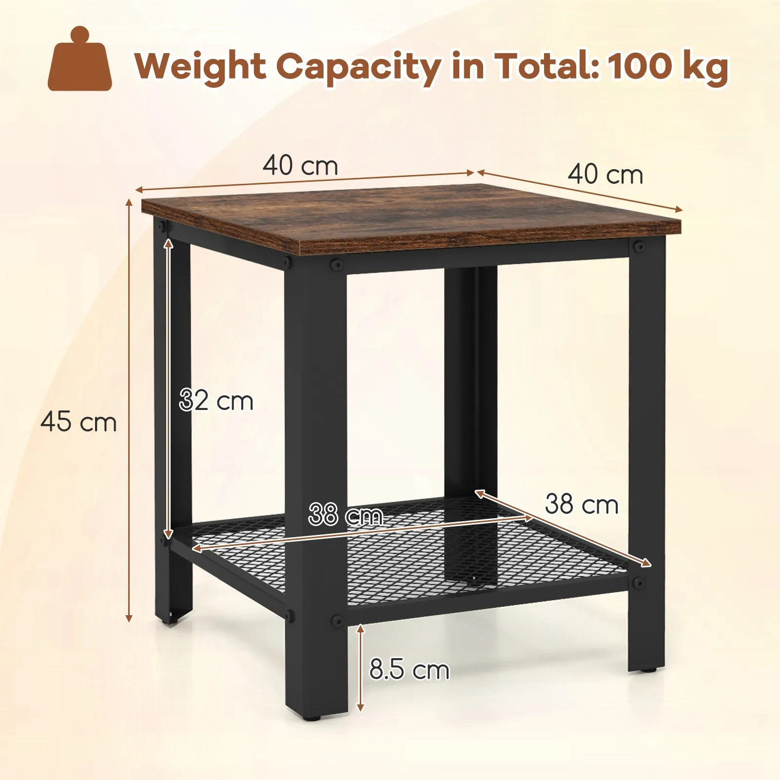 2-Tier End Table Square Sofa Side Table with Mesh Shelf-Rustic Brown