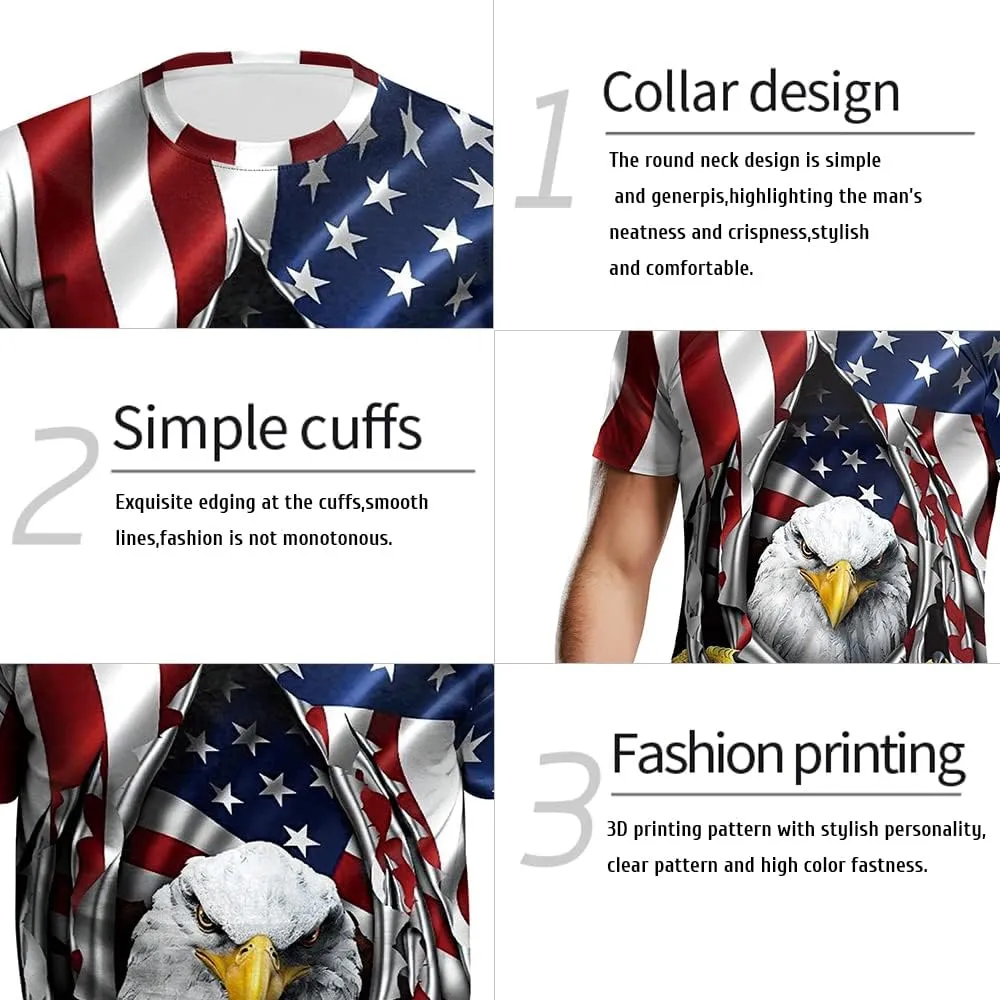 Eciodci Men's American USA Flag Patriotic T-Shirts 4th of July Shirts US Eagle Flag Soft Summer Short Sleeve Shirt for Men