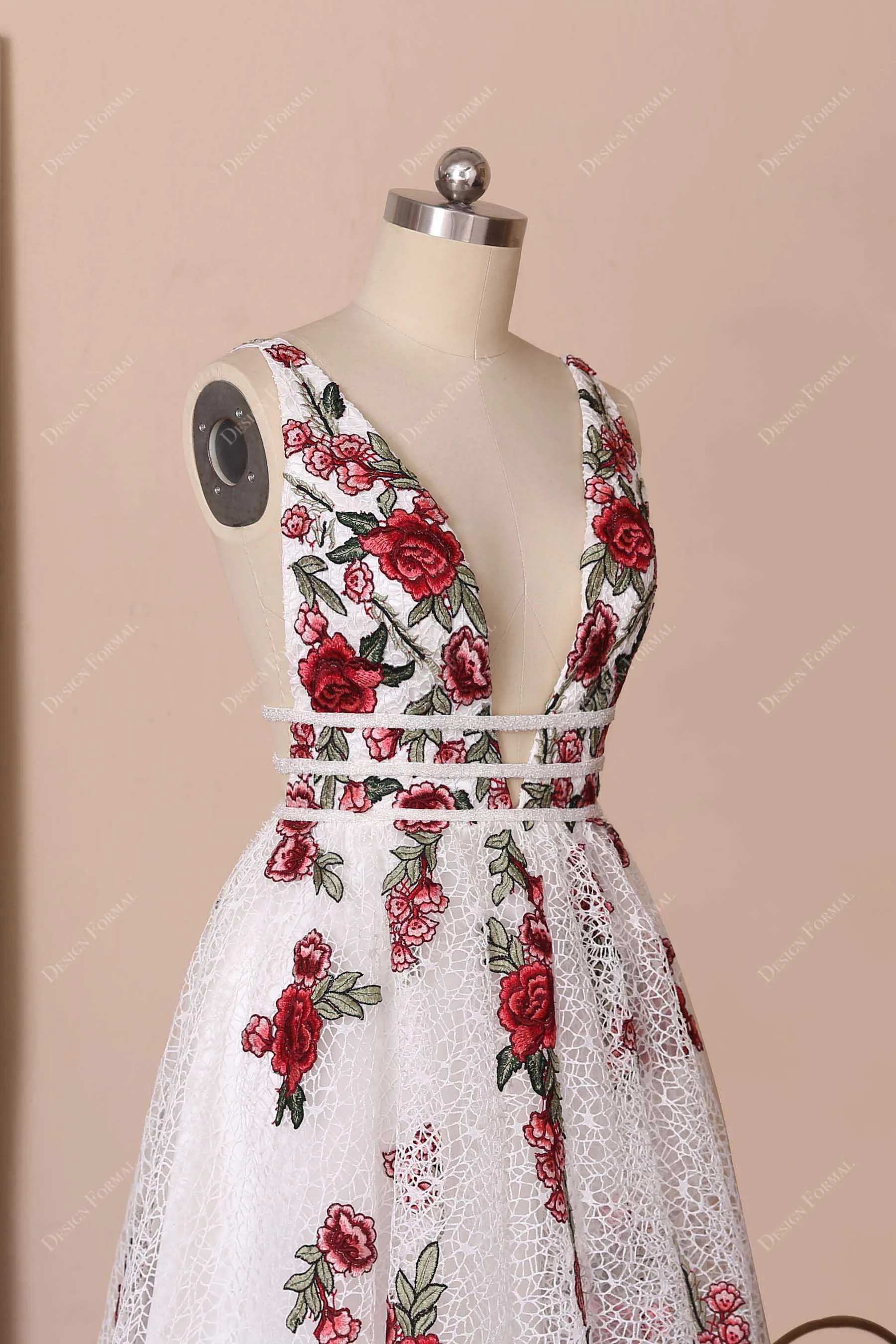 Fairy Red Flowers Intricate Floor Length Lace Formal Dress