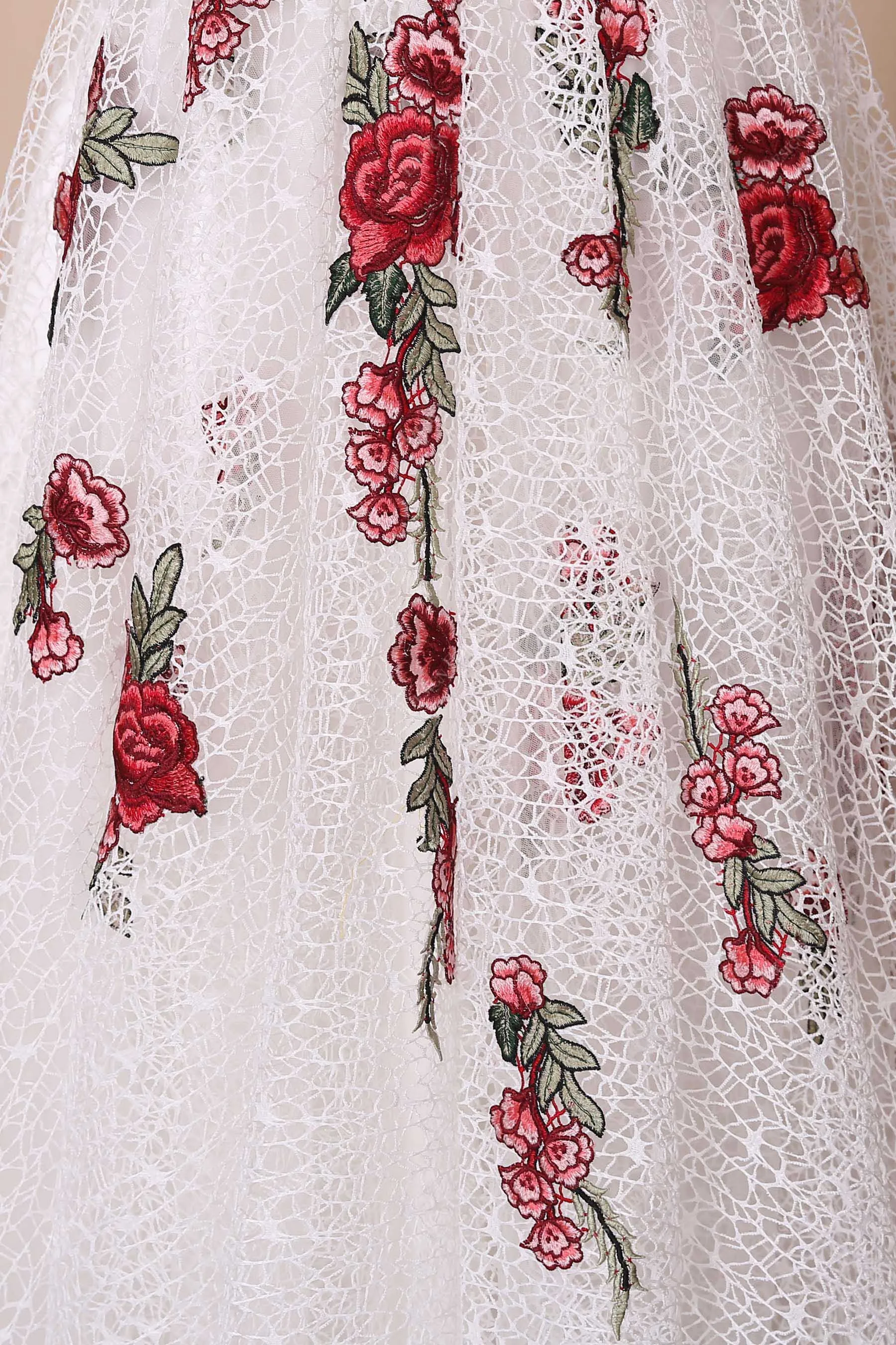 Fairy Red Flowers Intricate Floor Length Lace Formal Dress