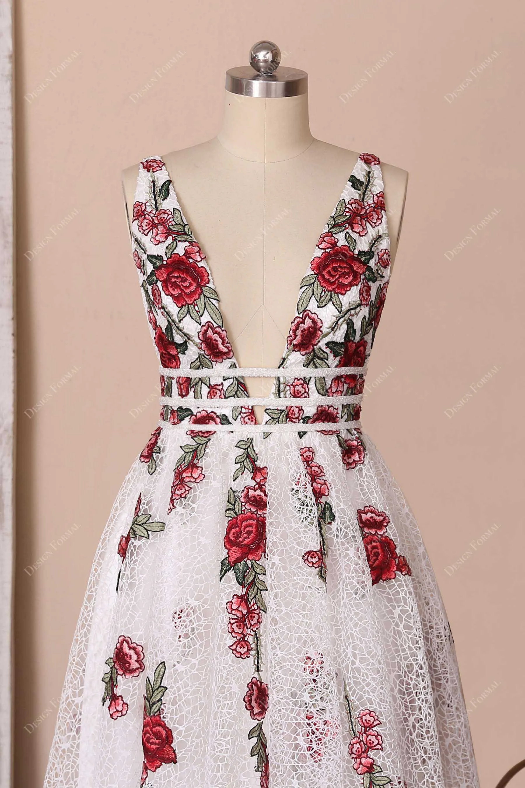 Fairy Red Flowers Intricate Floor Length Lace Formal Dress