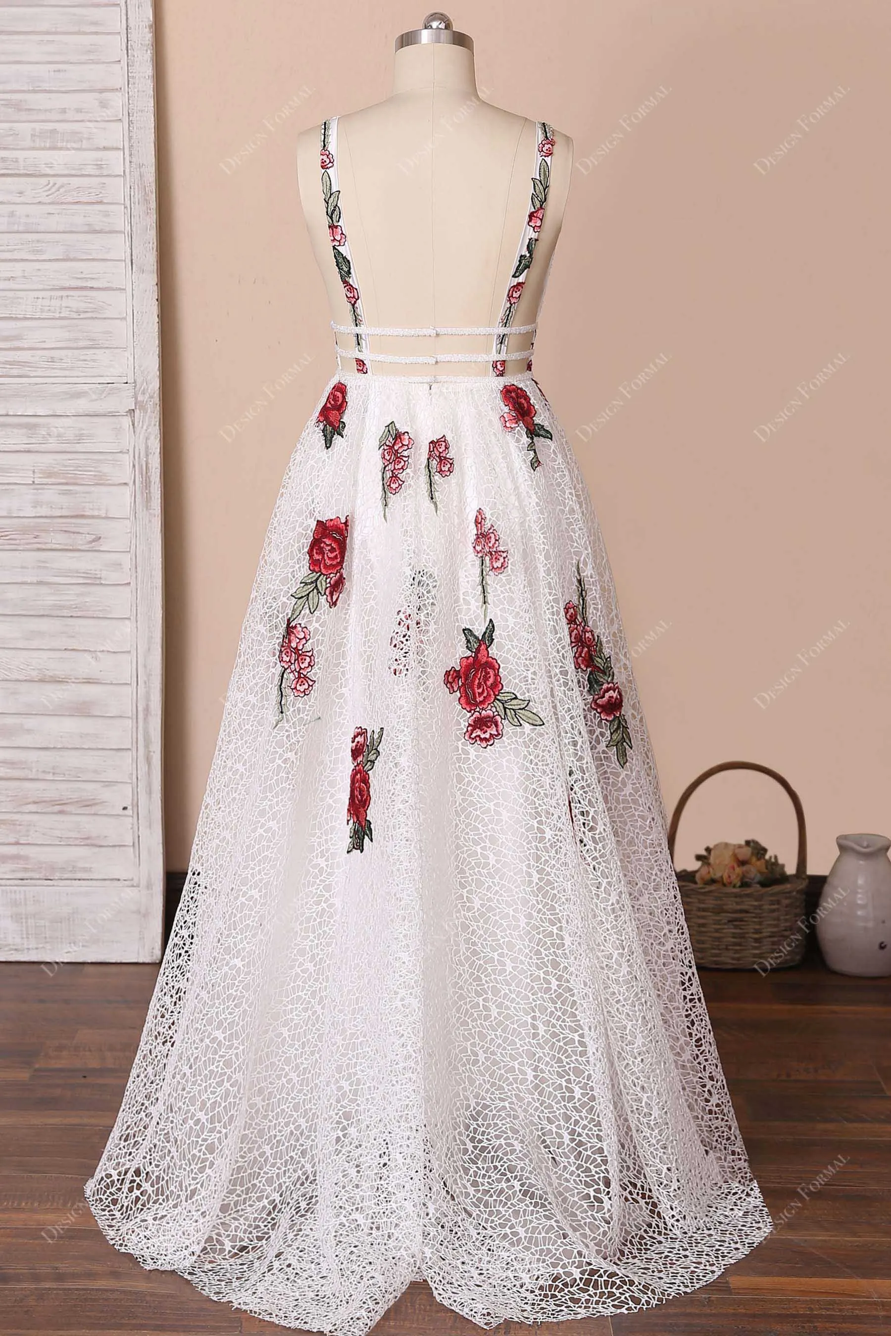 Fairy Red Flowers Intricate Floor Length Lace Formal Dress