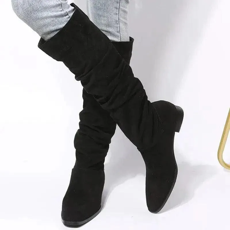 Low Heel Boot Women Faux Suede Pointed Toe Boots Pleated