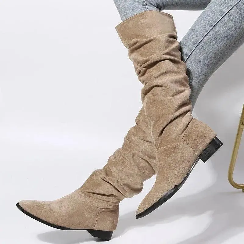 Low Heel Boot Women Faux Suede Pointed Toe Boots Pleated