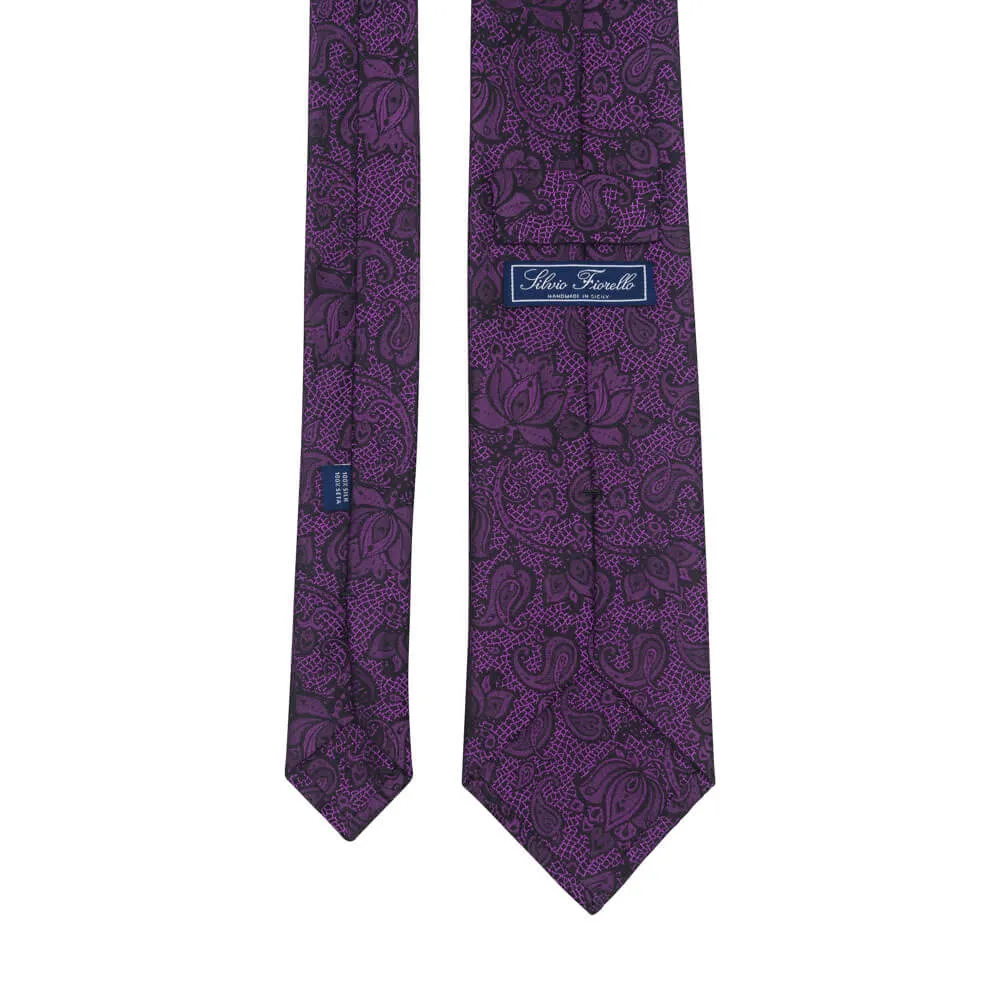 Purple Flowers and Paisley Motif Woven Silk Tie