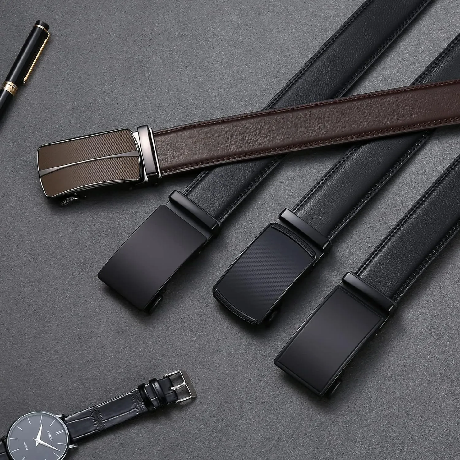 SENDEFN Men's Leather Belt Automatic Ratchet Buckle Slide Belt for Dress Casual Trim to Fit with Gift Box