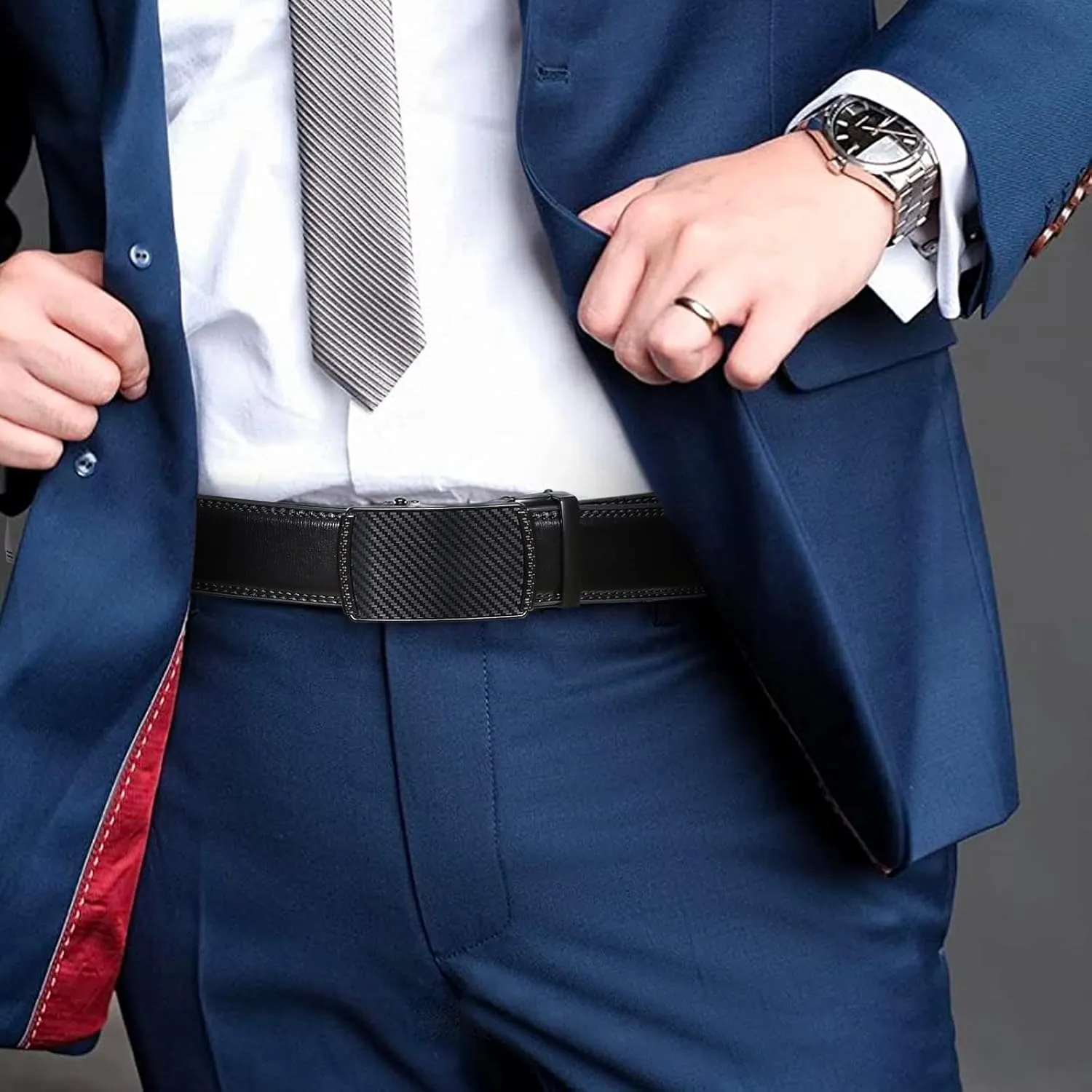 SENDEFN Men's Leather Belt Automatic Ratchet Buckle Slide Belt for Dress Casual Trim to Fit with Gift Box