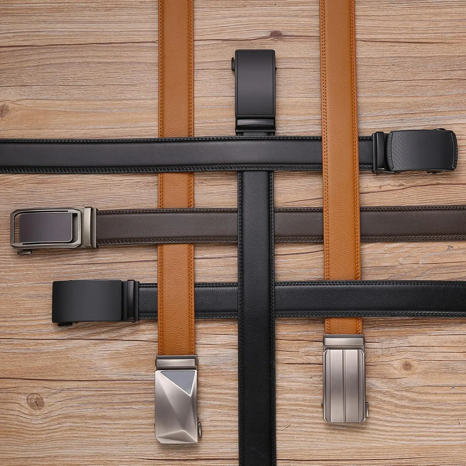 SENDEFN Men's Leather Belt Automatic Ratchet Buckle Slide Belt for Dress Casual Trim to Fit with Gift Box