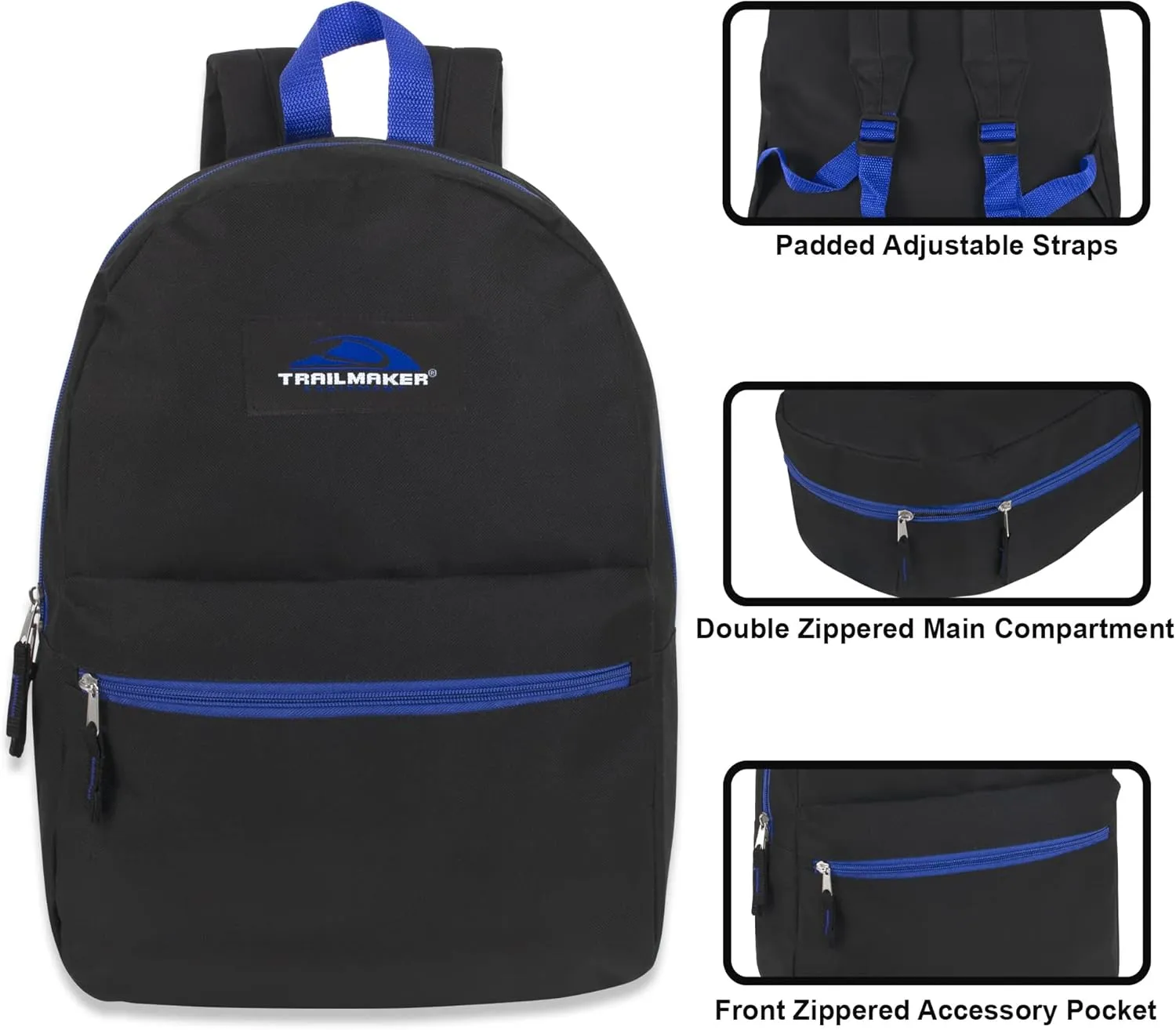 Trail maker 24 Pack Classic Backpacks in Bulk Wholesale Back Packs for Boys and Girls (Black Color Trim Pack)