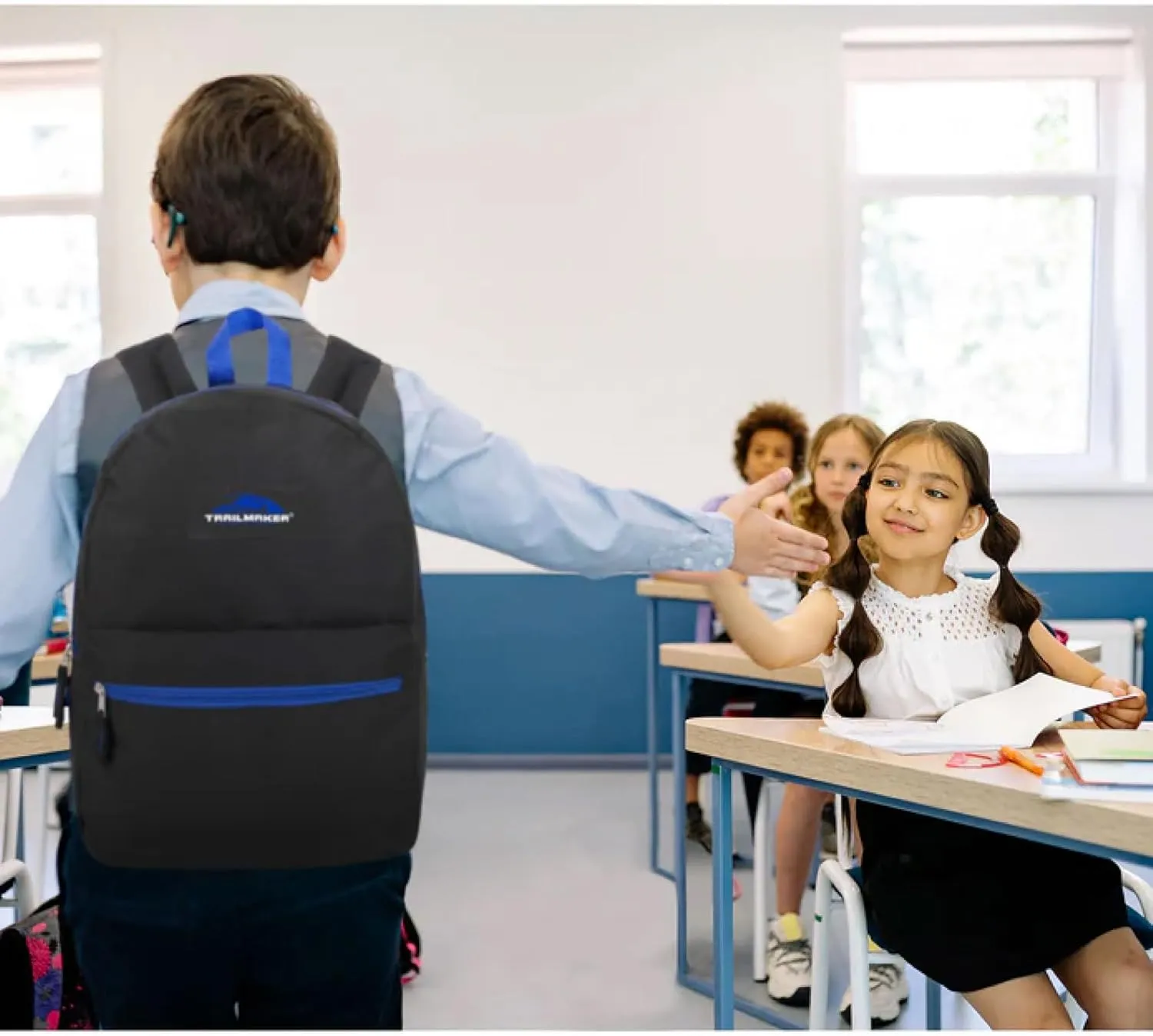 Trail maker 24 Pack Classic Backpacks in Bulk Wholesale Back Packs for Boys and Girls (Black Color Trim Pack)