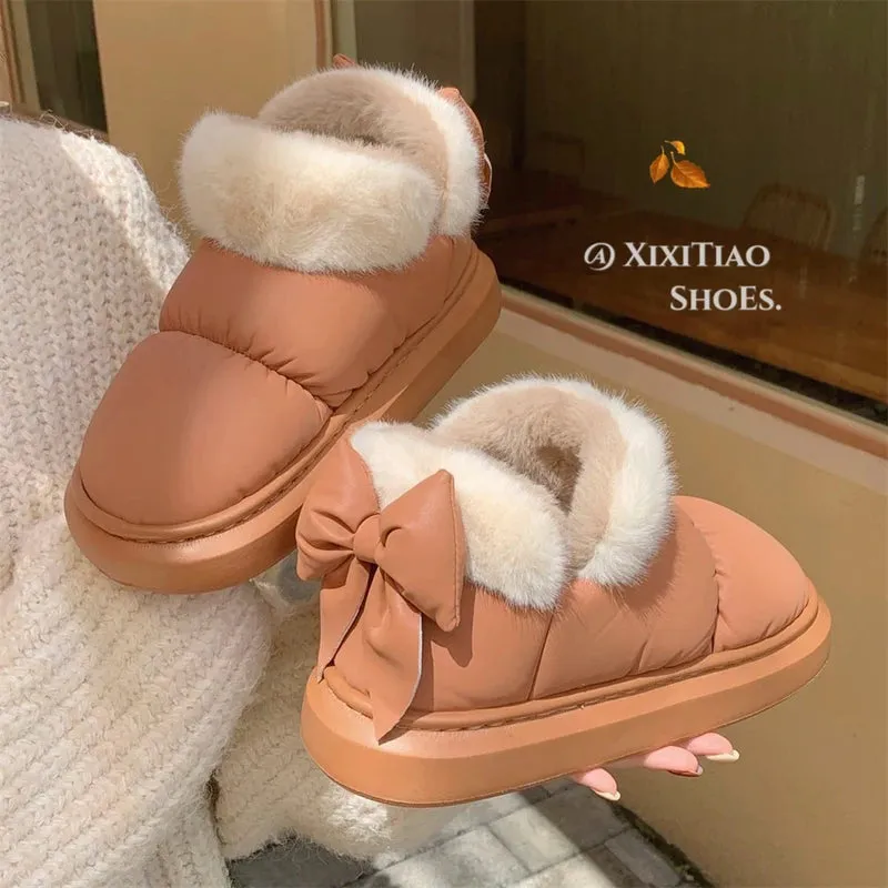 Wjczt Bow Knot Short Ankle Snow Boots Women Winter Plush And Thick Insulation Waterproof PU Cotton Household Shoes Home Slipper Women