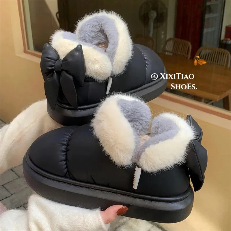 Wjczt Bow Knot Short Ankle Snow Boots Women Winter Plush And Thick Insulation Waterproof PU Cotton Household Shoes Home Slipper Women