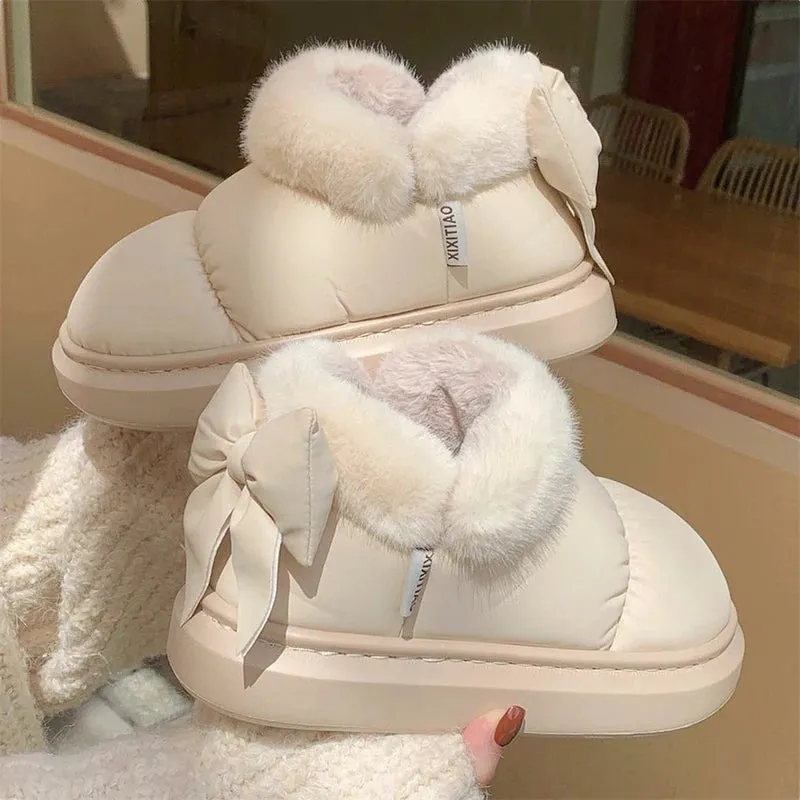 Wjczt Bow Knot Short Ankle Snow Boots Women Winter Plush And Thick Insulation Waterproof PU Cotton Household Shoes Home Slipper Women
