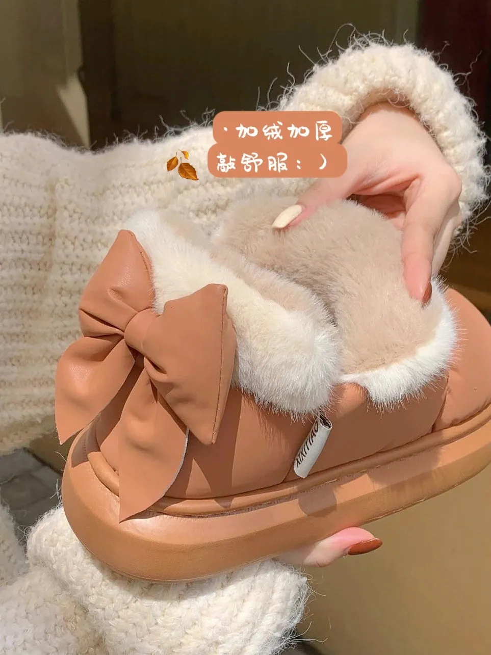 Wjczt Bow Knot Short Ankle Snow Boots Women Winter Plush And Thick Insulation Waterproof PU Cotton Household Shoes Home Slipper Women